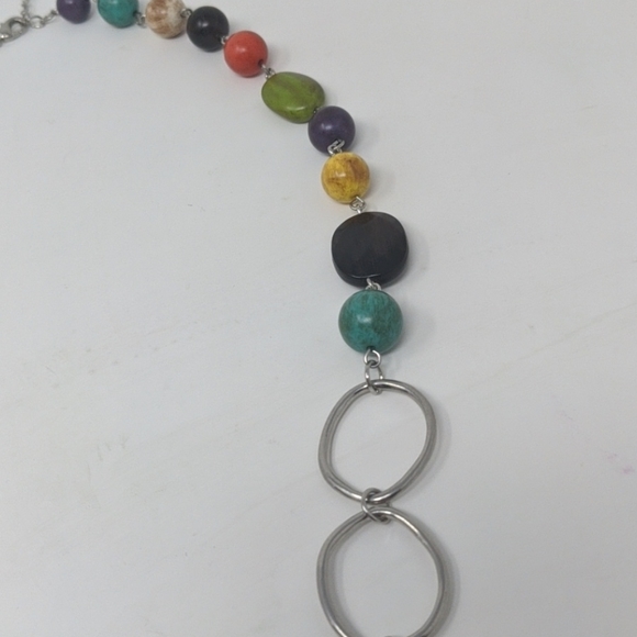 Colorful bright silvertone bead rainbow necklace l - Picture 2 of 4